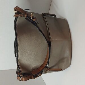 Faux Leather Taupe w/ Brown Trim Shoulder Bag 2 Outside Pockets 12.5 x 14 x 6